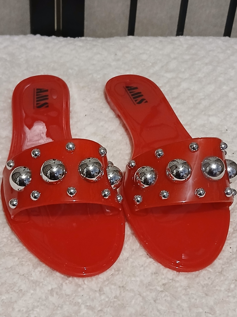 Red Studded Slide Sandals with Silver Accents